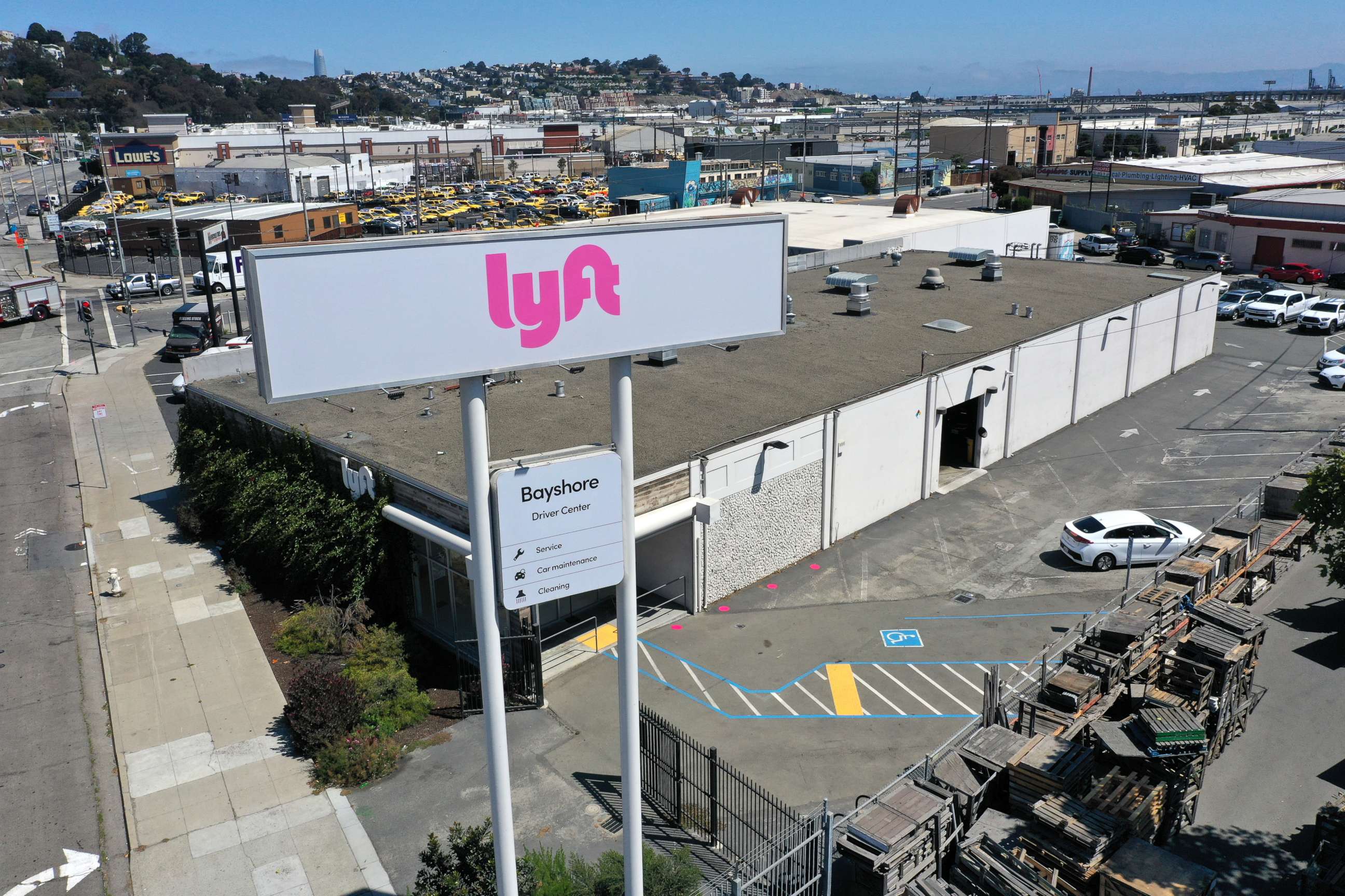 PHOTO: A sign sits in front of a Lyft driver center on Aug. 12, 2020, in San Francisco.