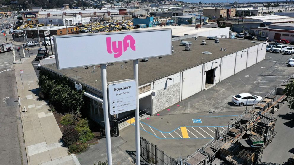 PHOTO: A sign sits in front of a Lyft driver center on Aug. 12, 2020, in San Francisco.