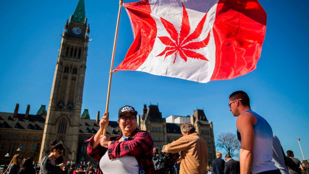 PHOTO: A woman waves a flag with a marijuana leaf on it next to a group gathered to celebrate National Marijuana Day on Parliament Hill in Ottawa, Canada, April 20, 2016. 