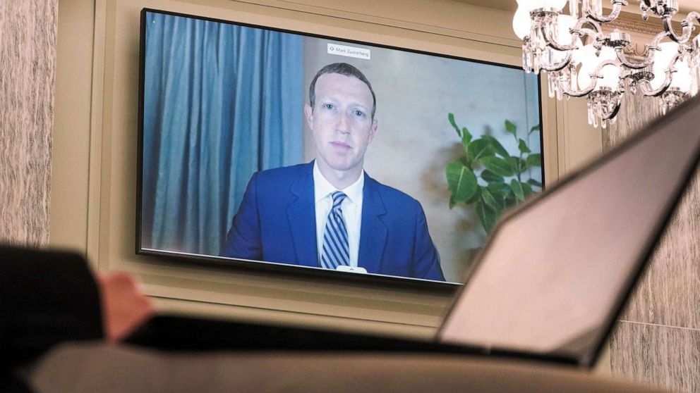 PHOTO: Facebook CEO Mark Zuckerberg testifies in a senate hearing, Oct. 28, 2020, in Washington, D.C.