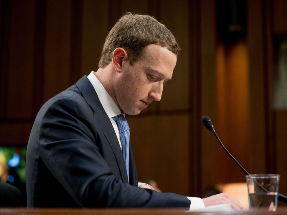 PHOTO: Facebook CEO Mark Zuckerberg pauses while testifying before a joint hearing of the Commerce and Judiciary Committees on Capitol Hill in Washington, April 10, 2018.