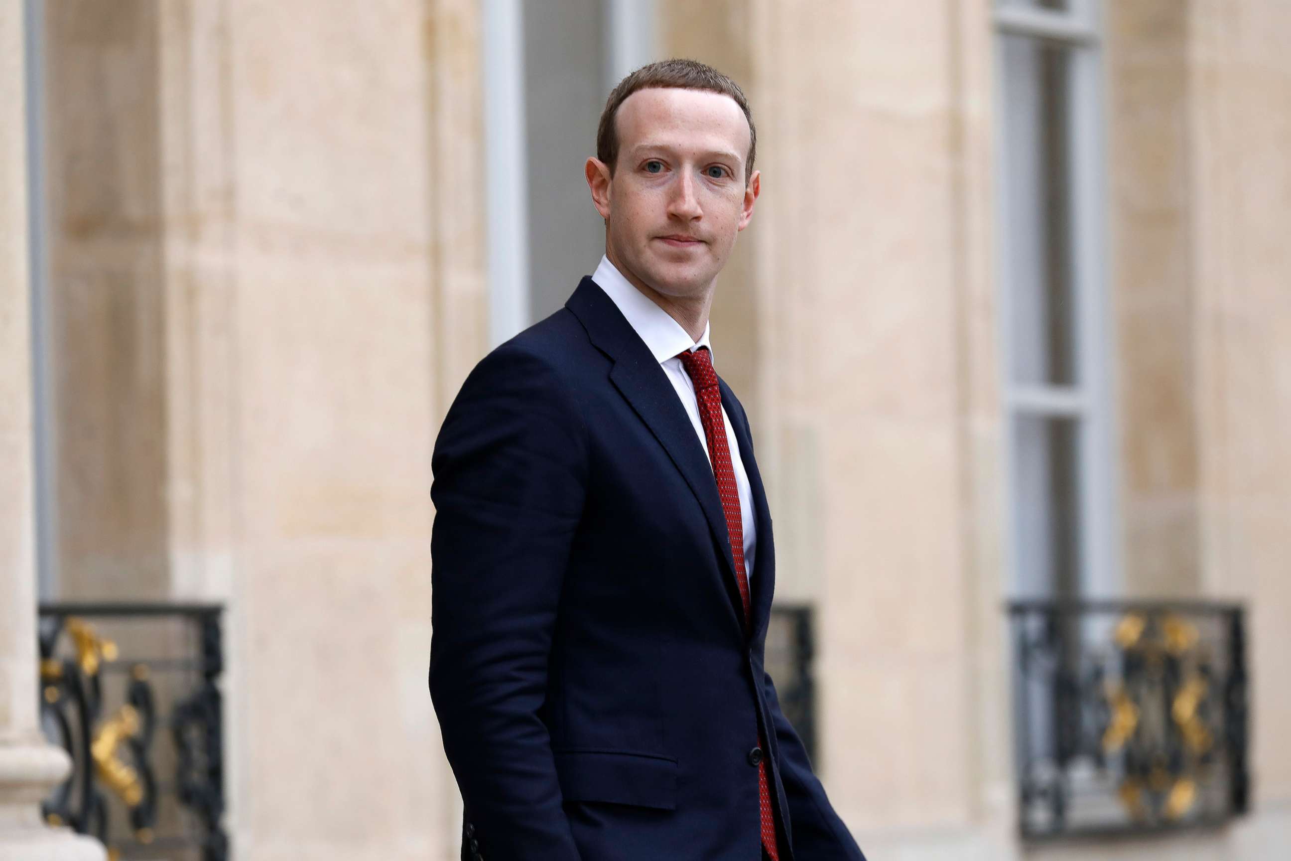 PHOTO: Facebook CEO Mark Zuckerberg leave the Elysee Palace after a meeting with French President Emmanuel Macron on cracking down the spread of misinformation and hate speech, May 10, 2019, in Paris.
