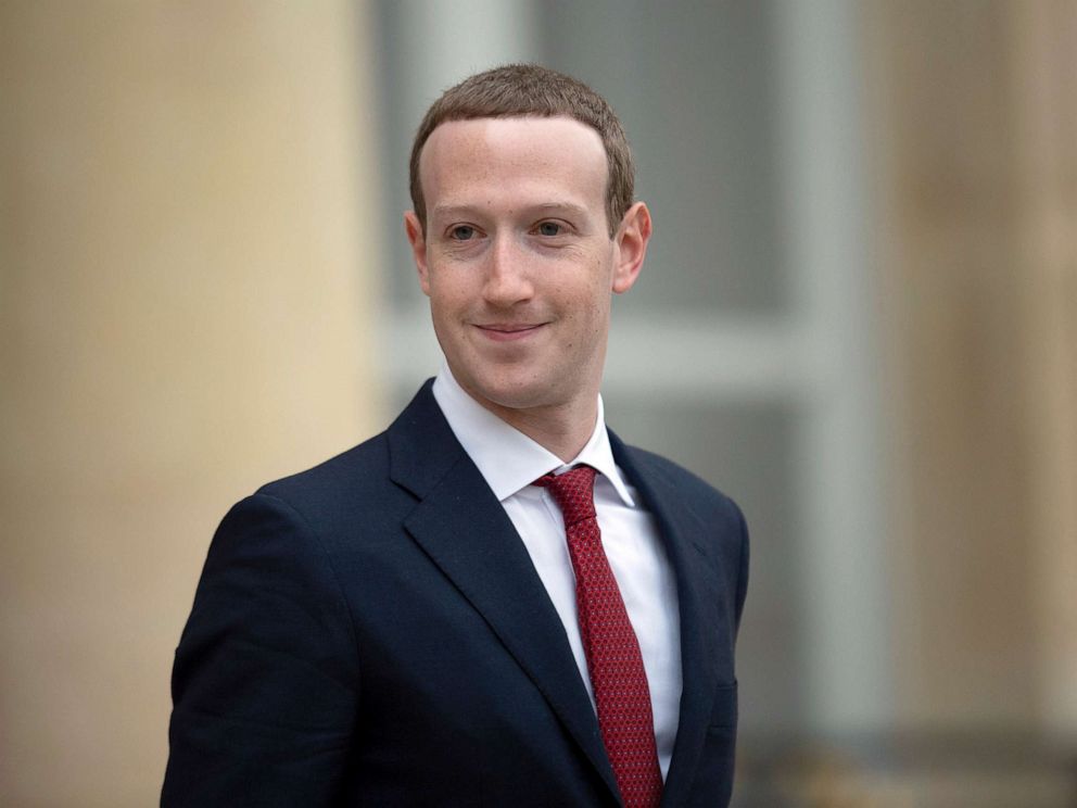 PHOTO: Facebook CEO Mark Zuckerberg leaves the Elysee Palace after a meeting with French President Emmanuel Macron on May 10, 2019, in Paris.