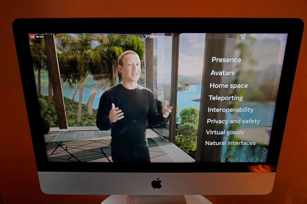 PHOTO: Seen on the screen of a device in Sausalito, Calif., Facebook CEO Mark Zuckerberg delivers the keynote address during a virtual event on Oct. 28, 2021.