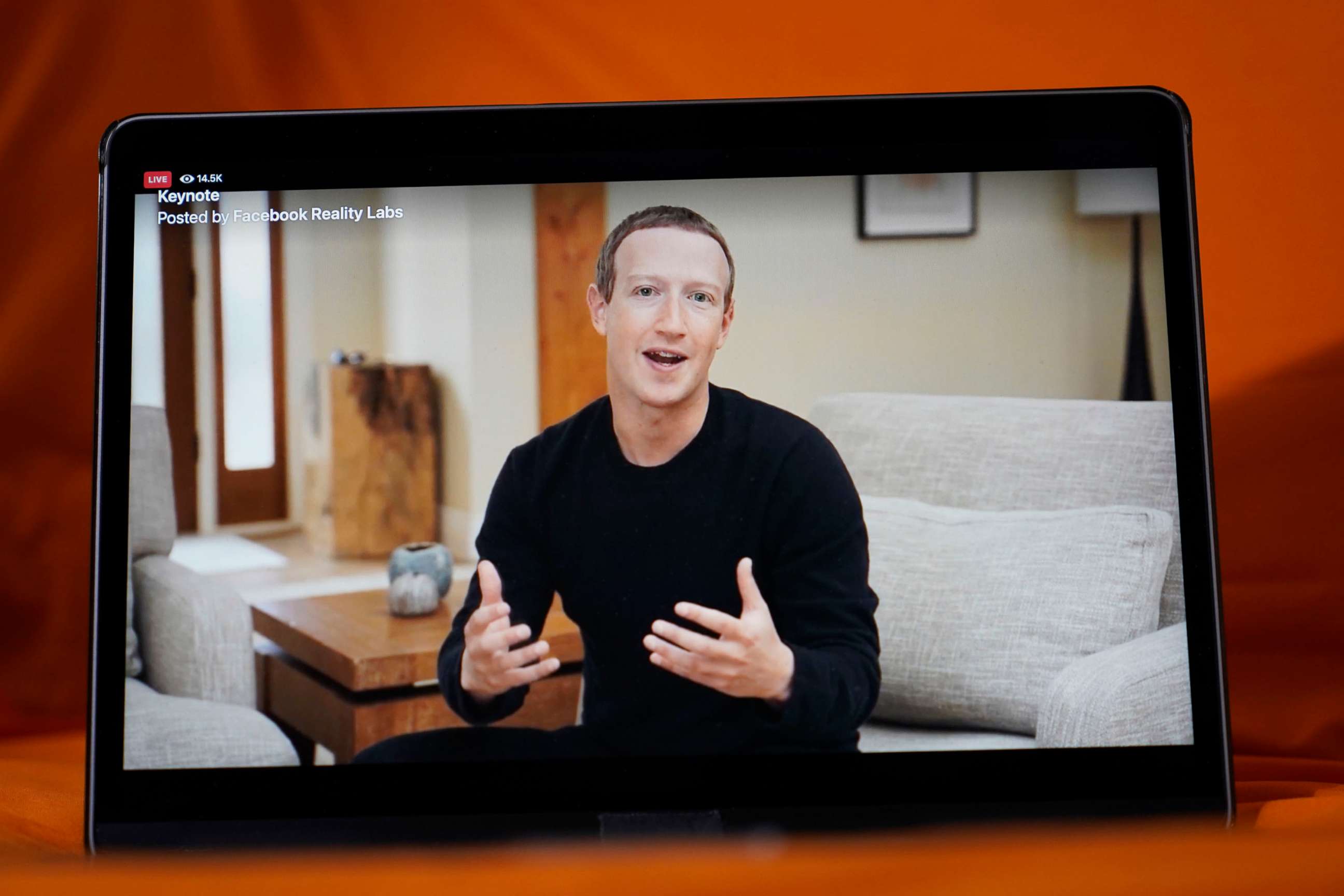 PHOTO: Seen on the screen of a device in Sausalito, Calif., Facebook CEO Mark Zuckerberg delivers the keynote address during a virtual event on Oct. 28, 2021.