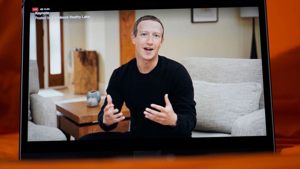 PHOTO: Seen on the screen of a device in Sausalito, Calif., Facebook CEO Mark Zuckerberg delivers the keynote address during a virtual event on Oct. 28, 2021.