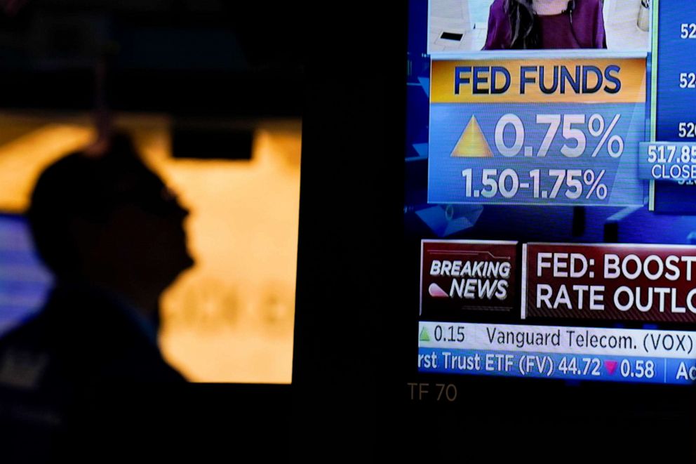 PHOTO: As the Federal Reserve announces a rate change, traders work on the floor at the New York Stock Exchange in New York, June 15, 2022.