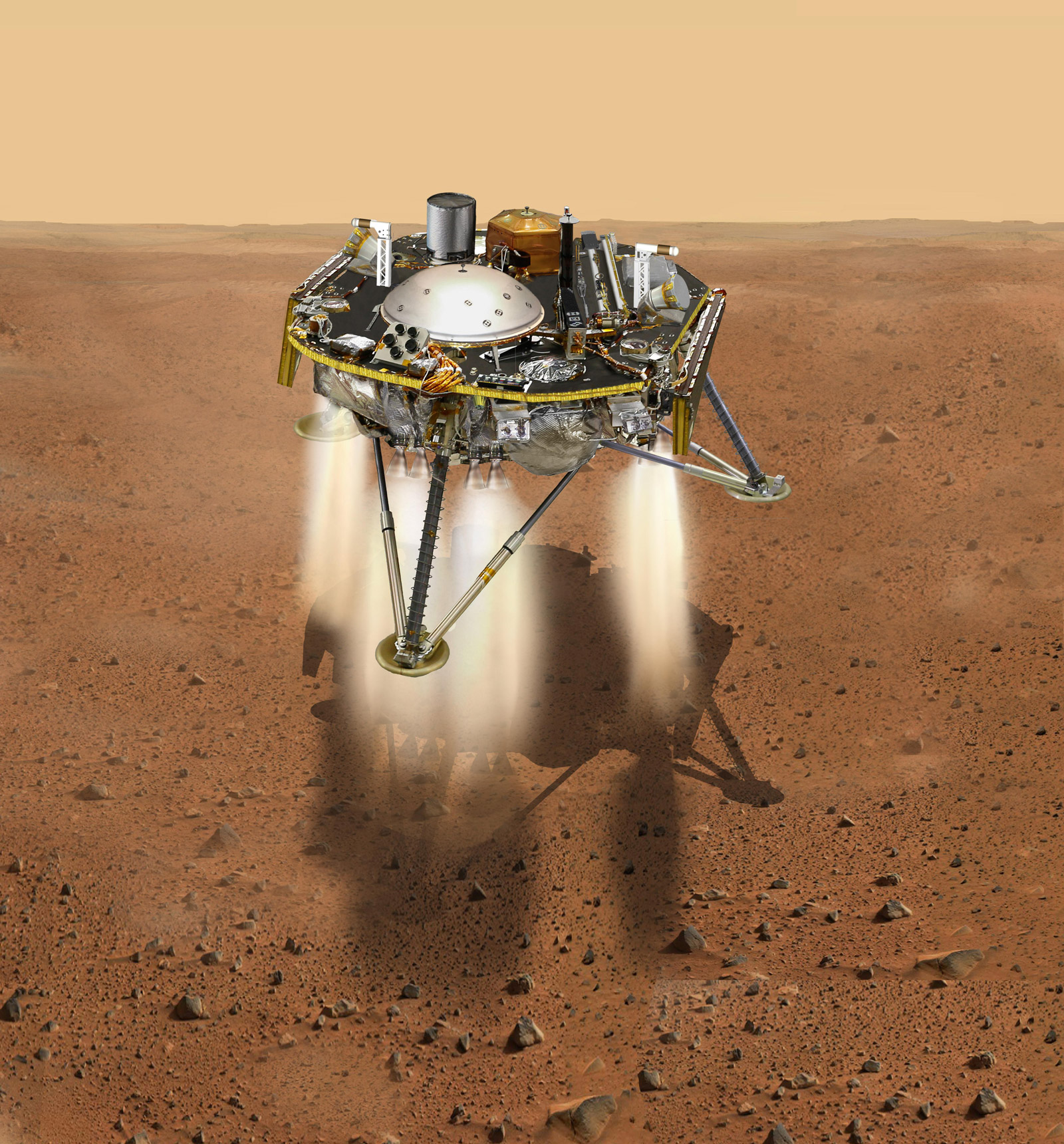 PHOTO: This NASA illustration shows a simulated view of NASA's InSight lander firing retrorockets to slow down as it descends toward the surface of Mars.