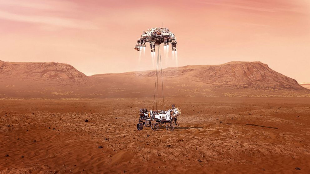 PHOTO: NASA's Perseverance rover lands safely on Mars, Feb. 16, 2021, in an illustration released by NASA. 