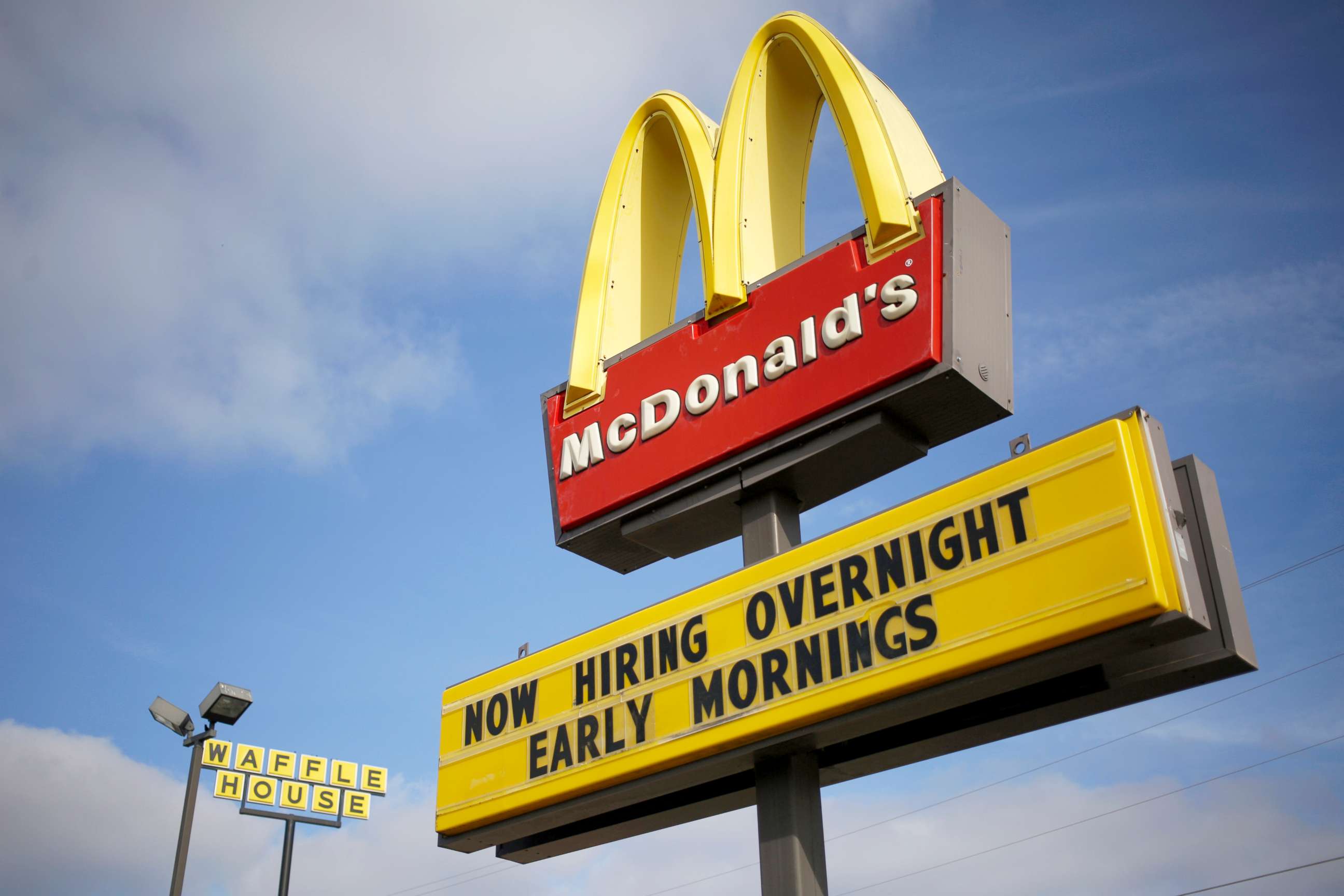 PHOTO: A message about job hiring is dispayed on signage at a McDonald's Corp. fast food restaurant in White House, Tenn., Jan. 18, 2017.