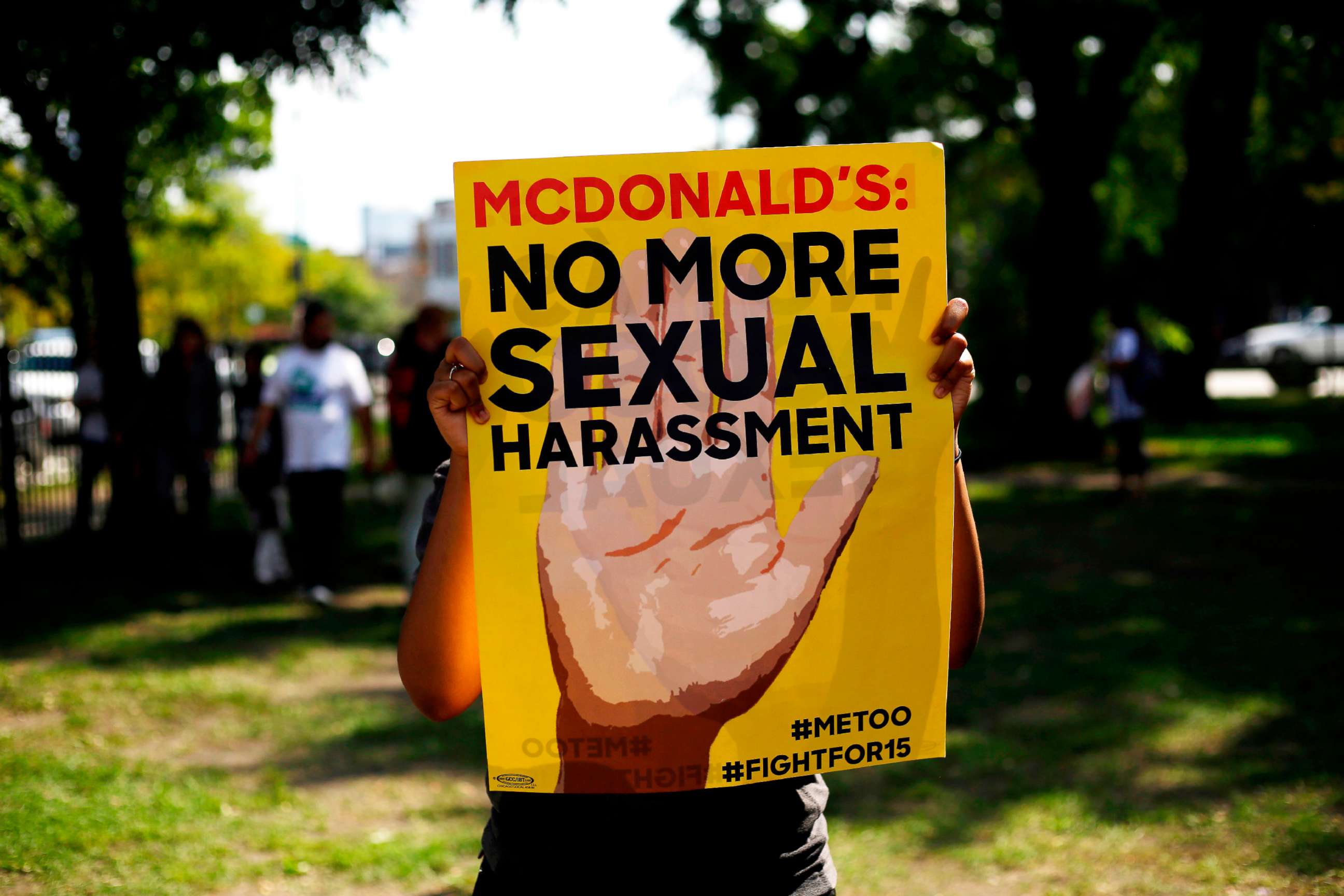 PHOTO: A McDonald's employee holds a sign during a protest against sexual harassment in the workplace on, in Chicago, Sept. 18, 2018.