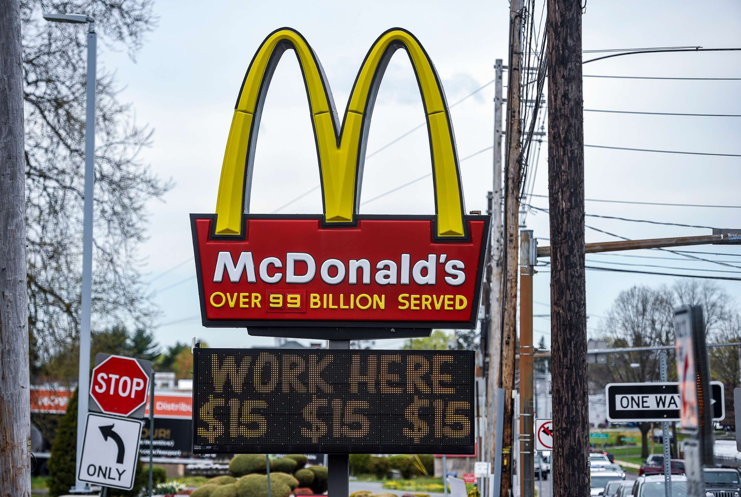 PHOTO: In this April 19, 2021, the sign at the McDonald's restaurant on Penn Ave in Sinking Spring, Penn., advertises higher wages.