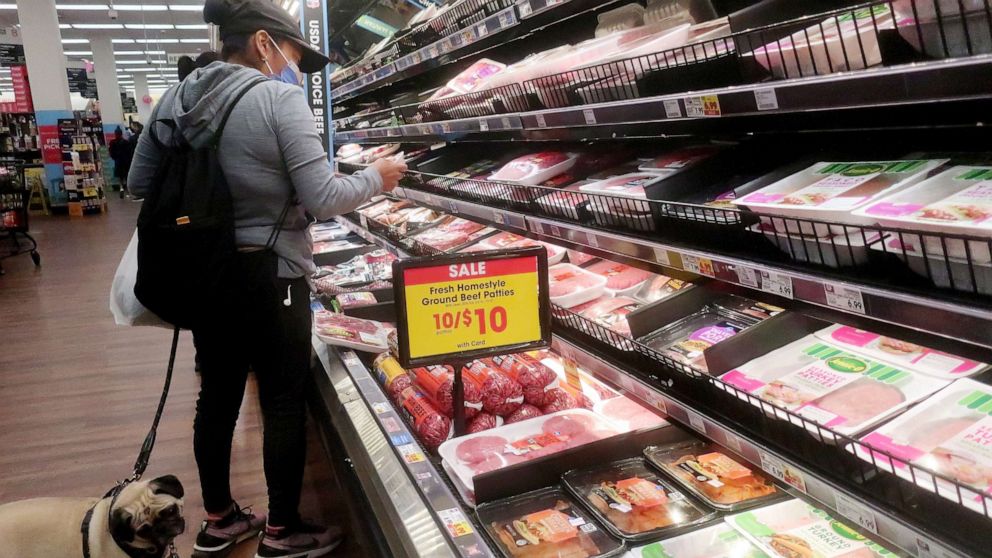 PHOTO: A person shops in the beef section of a supermarket on February 13, 2023 in Los Angeles.