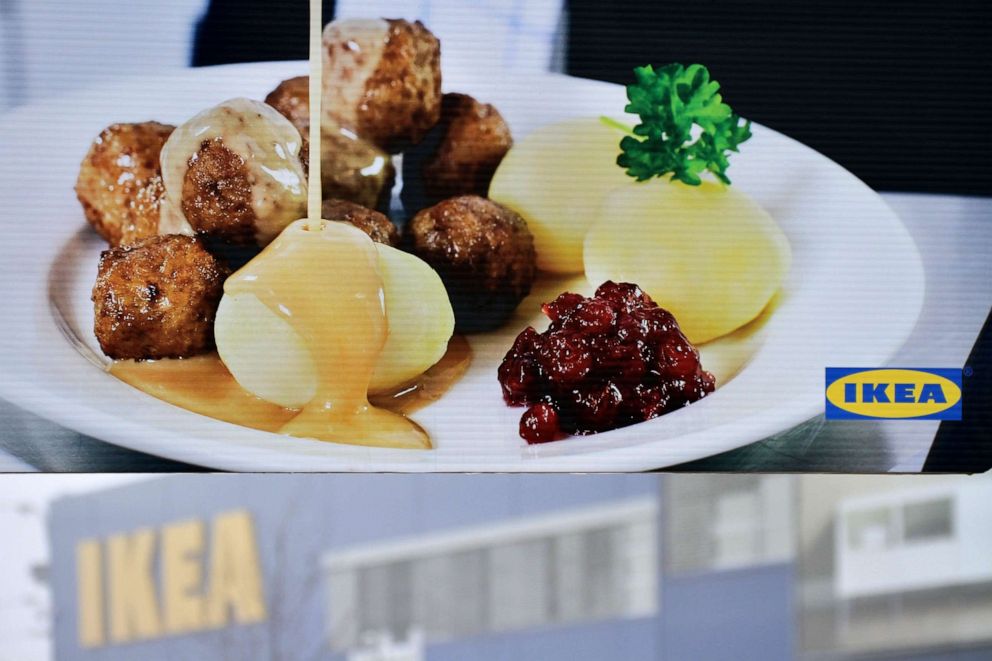 PHOTO: Meatballs are displayed on an ad in front of an IKEA store in Brno, Czech Republic, Feb. 25, 2013.