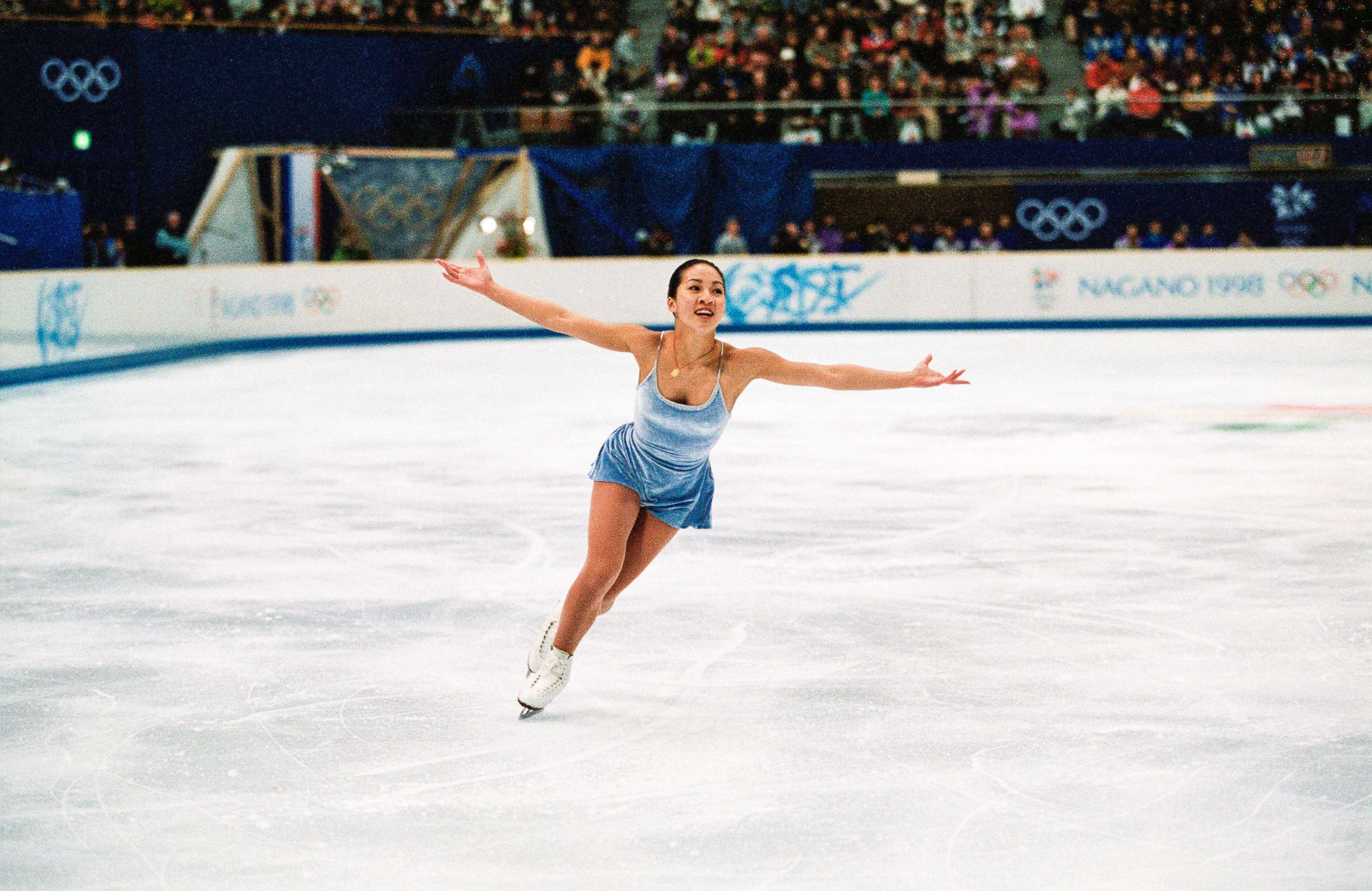 PHOTO: American figure skater Michelle Kwan performs during the women's figure skating long program at The 1998 Winter Olympics in Nagano, Japan on Feb. 20, 1998. Kwan won a silver medal in 1998 and a bronze medal at the 2002 Winter Olympics. 