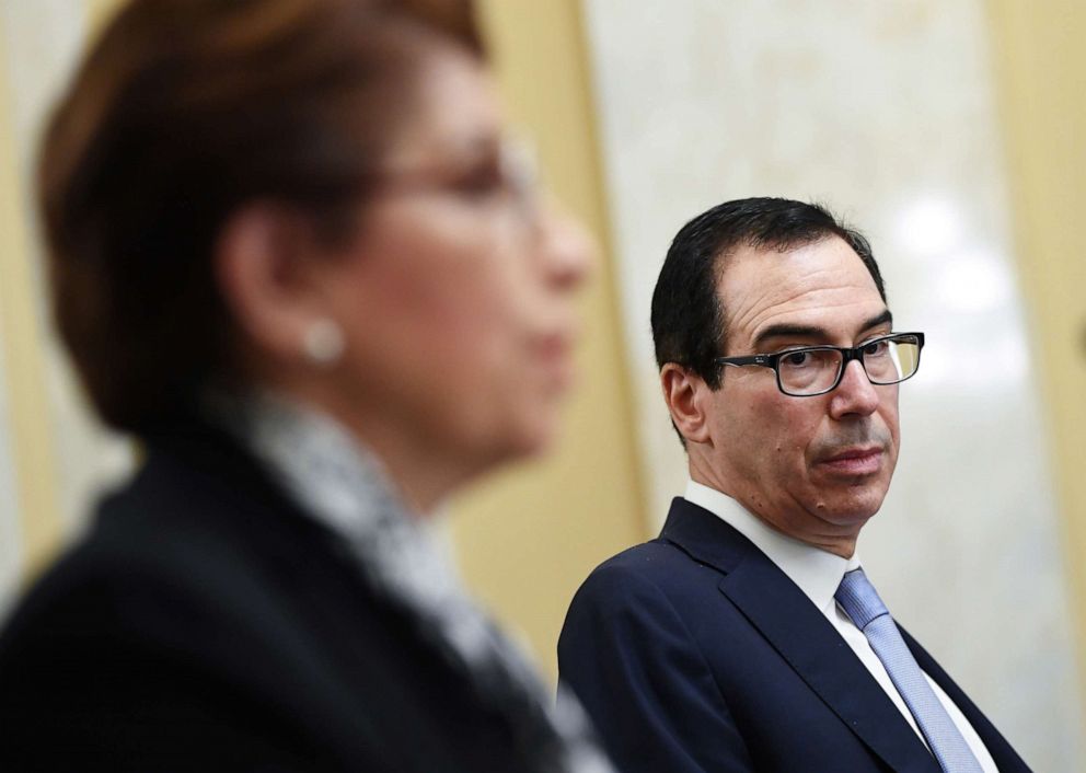 PHOTO: Secretary of the Treasury Steven Mnuchin testifies with Jovita Carranza on Capitol Hill, June 10, 2020 in Washington, DC.