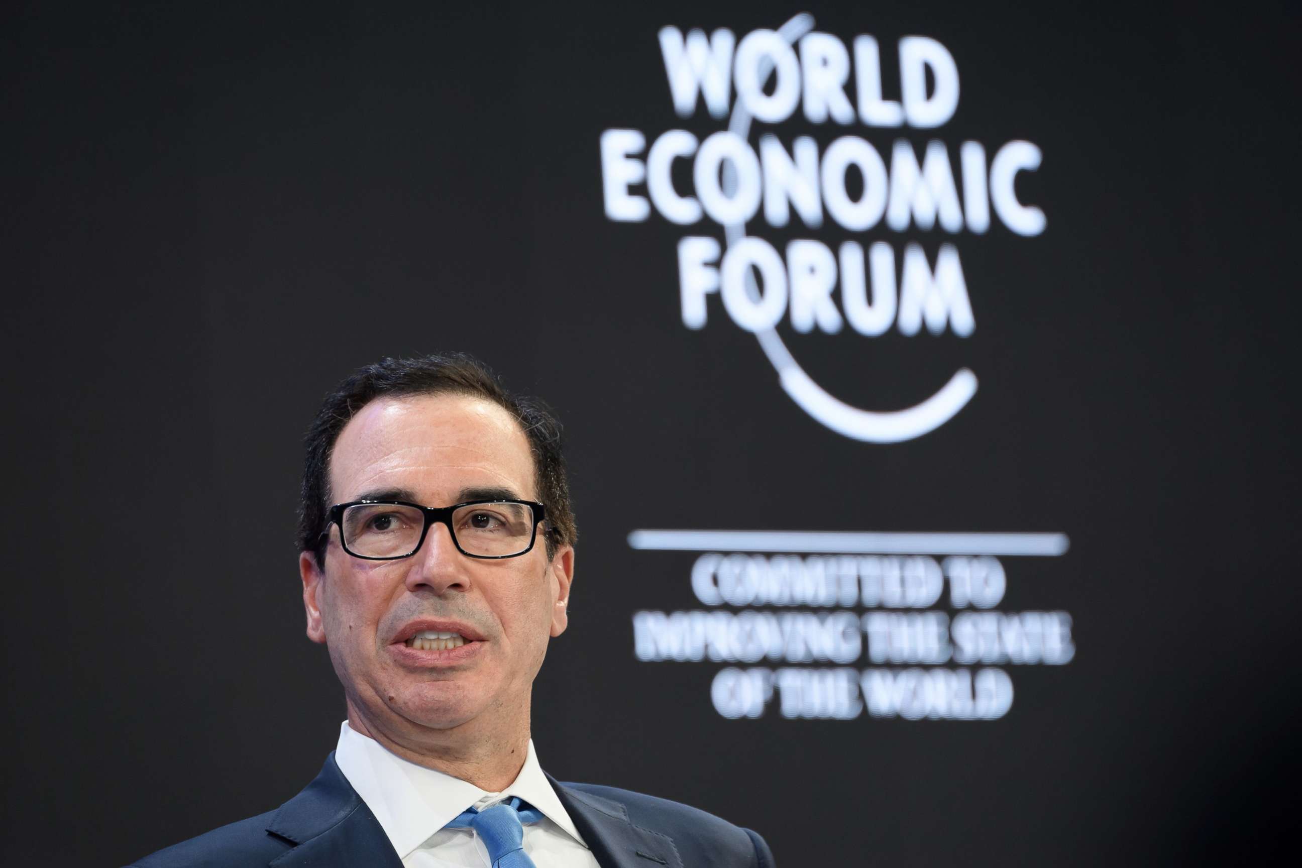 PHOTO: Treasury Secretary Steven Mnuchin attends a session during the World Economic Forum (WEF) annual meeting in Davos, Switzerland, Jan. 21, 2020.