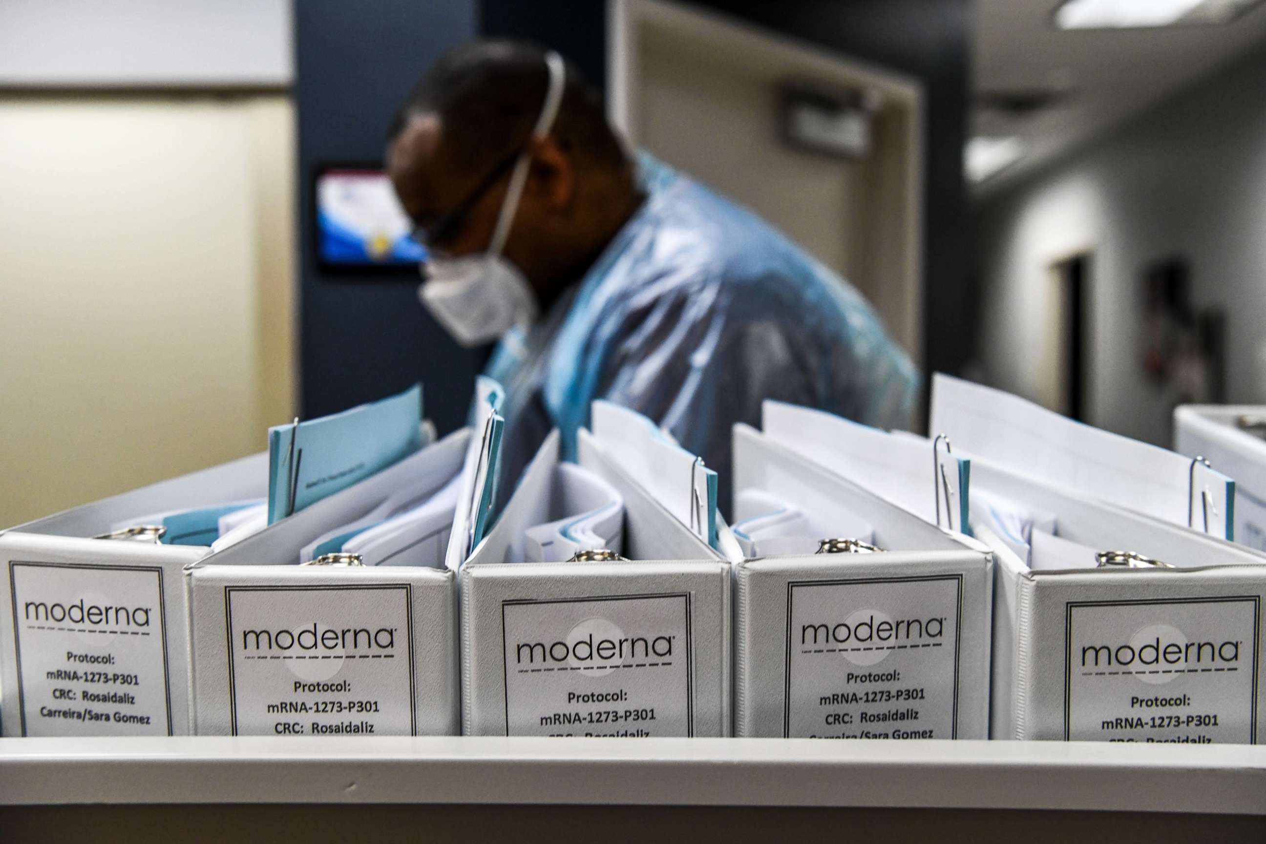 PHOTO: Biotechnology company Moderna protocol files for COVID-19 vaccinations are kept at the Research Centers of America in Hollywood, Fla., on August 13, 2020.
