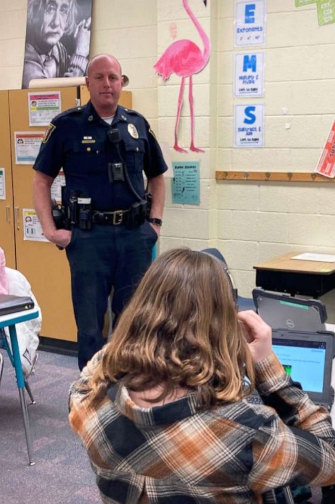 PHOTO: In this photo posted to the Moore Police Department's FaceBook account, officers helped out in the classrooms while the public schools in Moore, Okla., have been facing staffing shortages. 