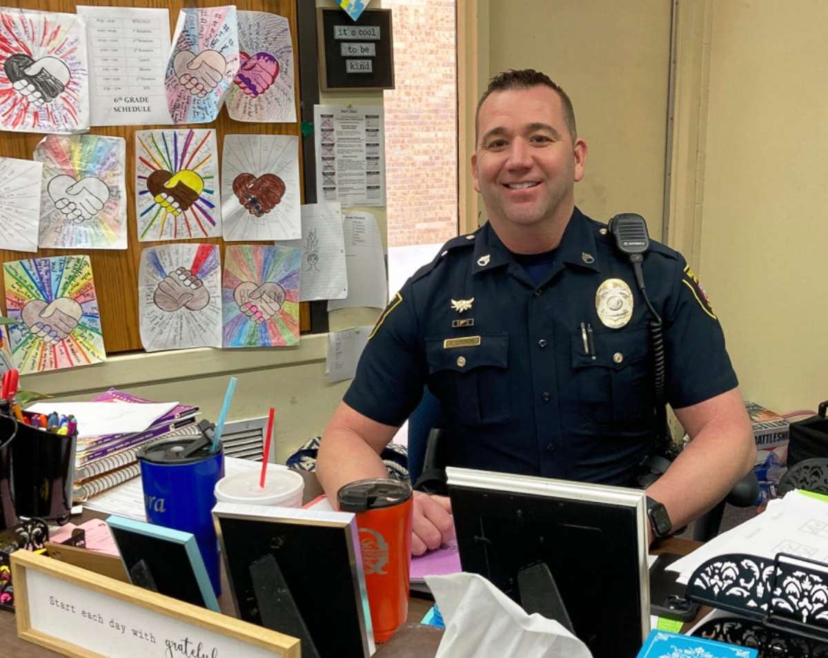 PHOTO: In this photo posted to the Moore Police Department's FaceBook account, officers helped out in the classrooms while the public schools in Moore, Okla., have been facing staffing shortages.