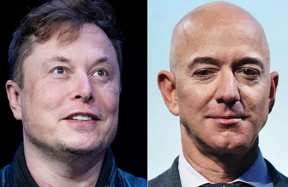 PHOTO: SpaceX founder Elon Musk in Washington, D.C.  on March 09, 2020, Blue Origin founder Jeff Bezos in Washington, D.C. on Oct. 22, 2019.