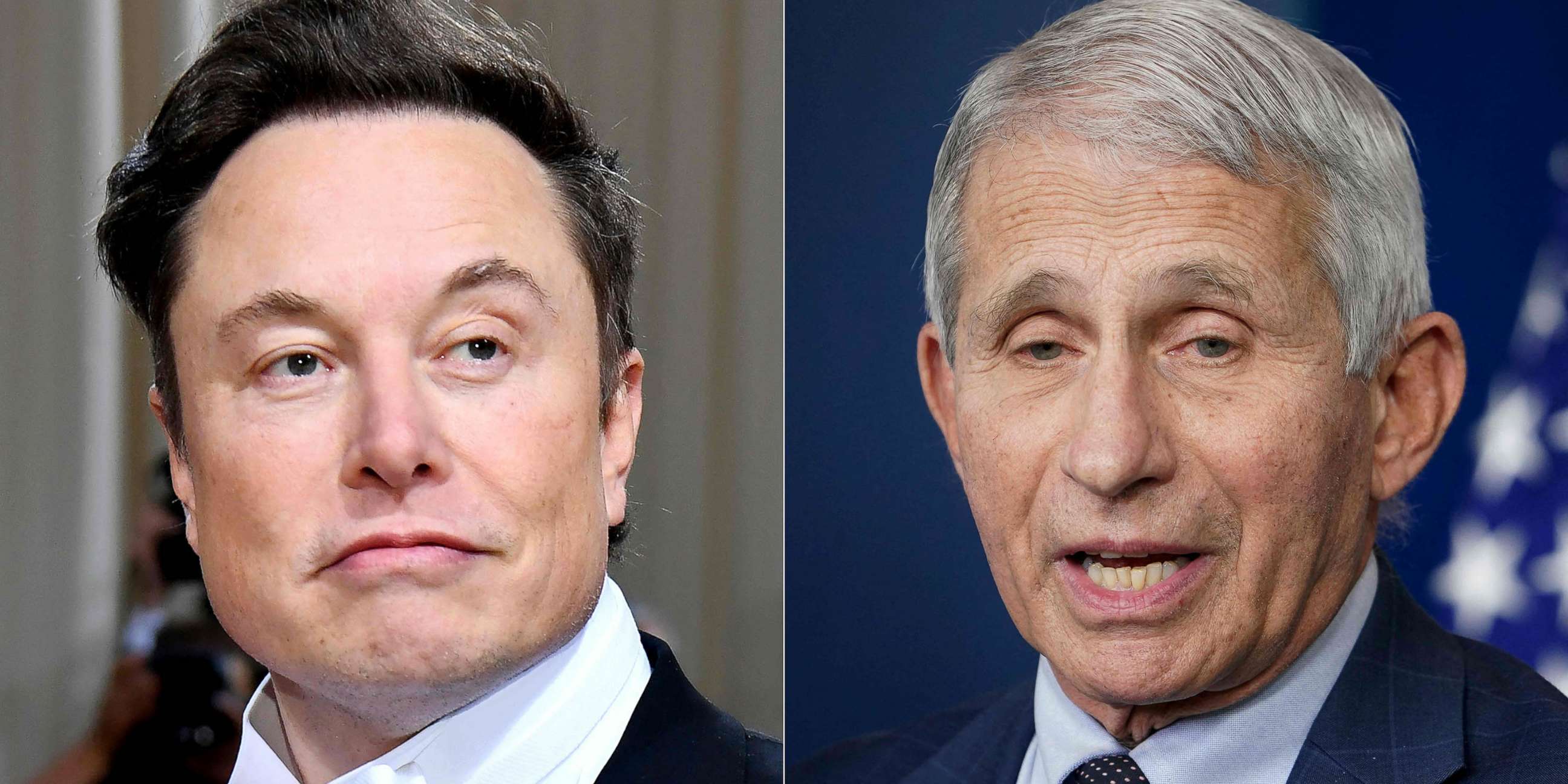 PHOTO: SpaceX CEO Elon Musk (L) on May 2, 2022, at the 2022 Met Gala in New York; Chief Medical Advisor to the President Dr. Anthony Fauci speaking during the daily briefing at the White House in Washington, DC, Dec. 1, 2021.