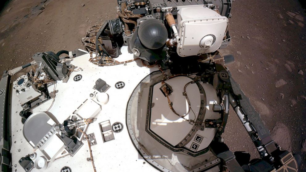 PHOTO: This NASA photo released, Feb. 22, 2021, shows the Navigation Cameras, or Navcams, aboard NASAs Perseverance Mars rover captured in this view of the rovers deck on Feb. 20, 2021. 