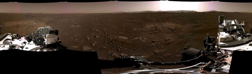 PHOTO: This NASA photo released, Feb. 22, 2021, shows a panorama, taken on Feb. 20, 2021, by the Navigation Cameras, or Navcams, aboard NASAs Perseverance Mars rover, stitched together from six individual images after they were sent back to Earth.