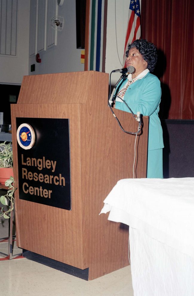 PHOTO:Mary W. Jackson speaks at the Federal Women's Program at the Langley Research Center in an undated handout photo from NASA.