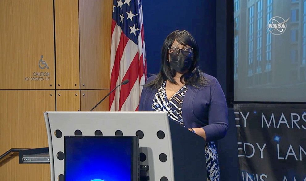 PHOTO: Wanda Jackson speaks NASA Ceremony to Name Headquarters after her grandmother "Hidden Figure" Mary W. Jackson, Hampton, Va., Feb. 26, 2021. 