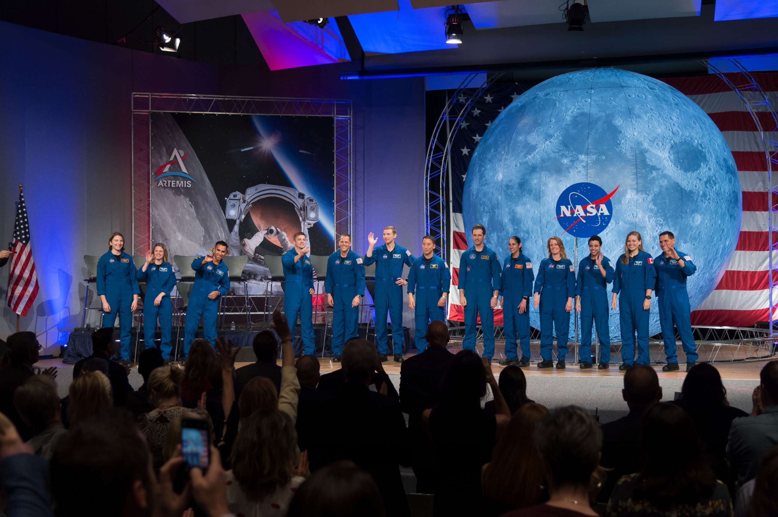 PHOTO: NASA and Canadian Space Agency (CSA) astronauts acknowledge the audience during a graduation ceremony at Johnson Space Center in Houston, Jan. 10, 2020.