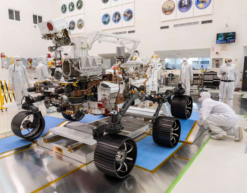 PHOTO: In a clean room at NASA's Jet Propulsion Laboratory in Pasadena, California, engineers observed the first driving test for NASA's Mars 2020 rover on Dec. 17, 2019.