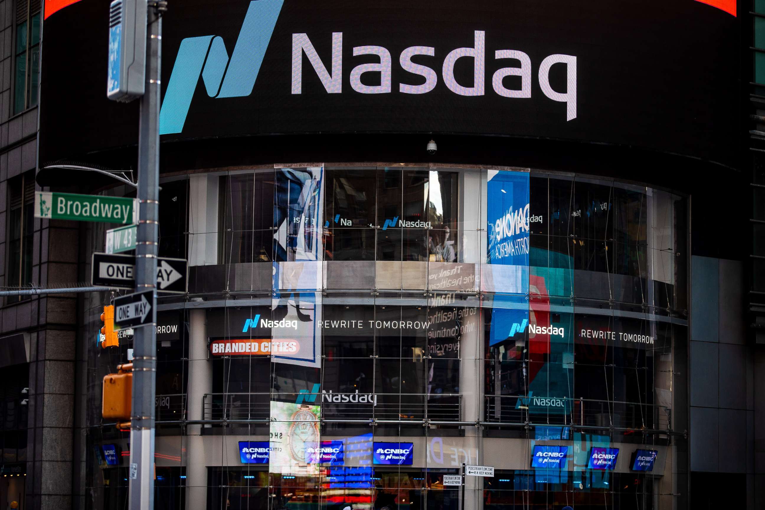 PHOTO: Signage is displayed outside the Nasdaq Market Site in the Times Square area of New York, May 12, 2020.