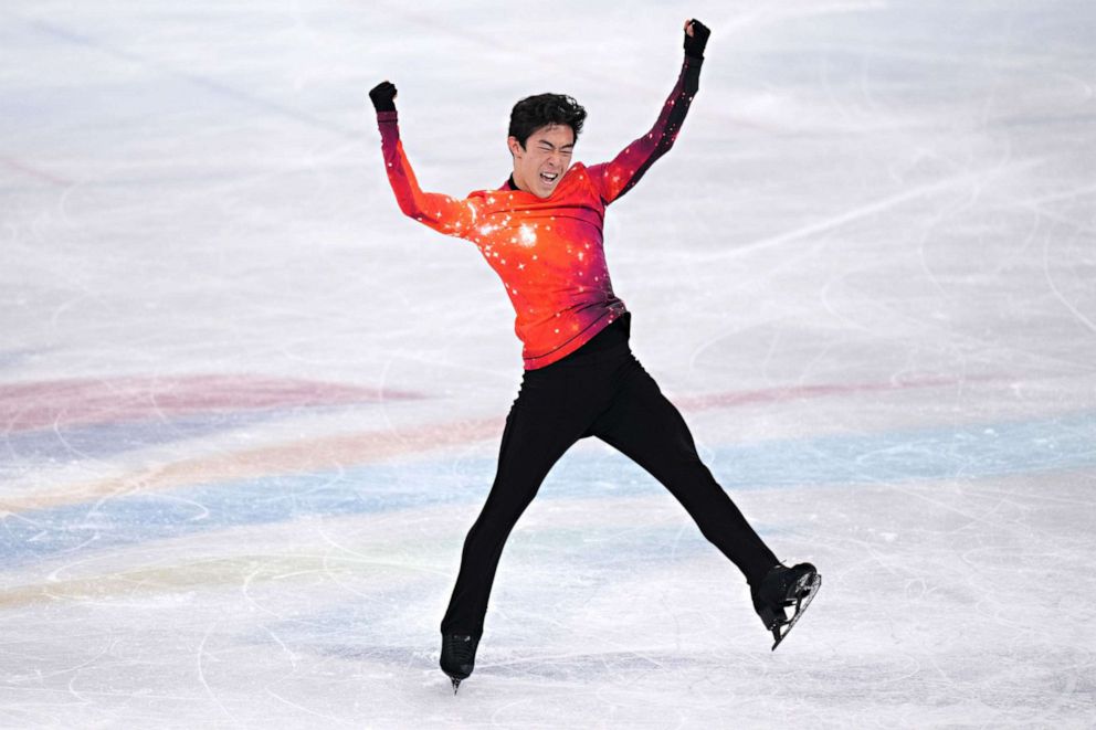 PHOTO: American Nathan Chen reacts after a nearly flawless performance in the men's single figure skating final in the Capital Indoor Stadium at the Beijing 2022 Winter Olympics on Feb. 10, 2022, in Beijing. Chen won the gold medal.