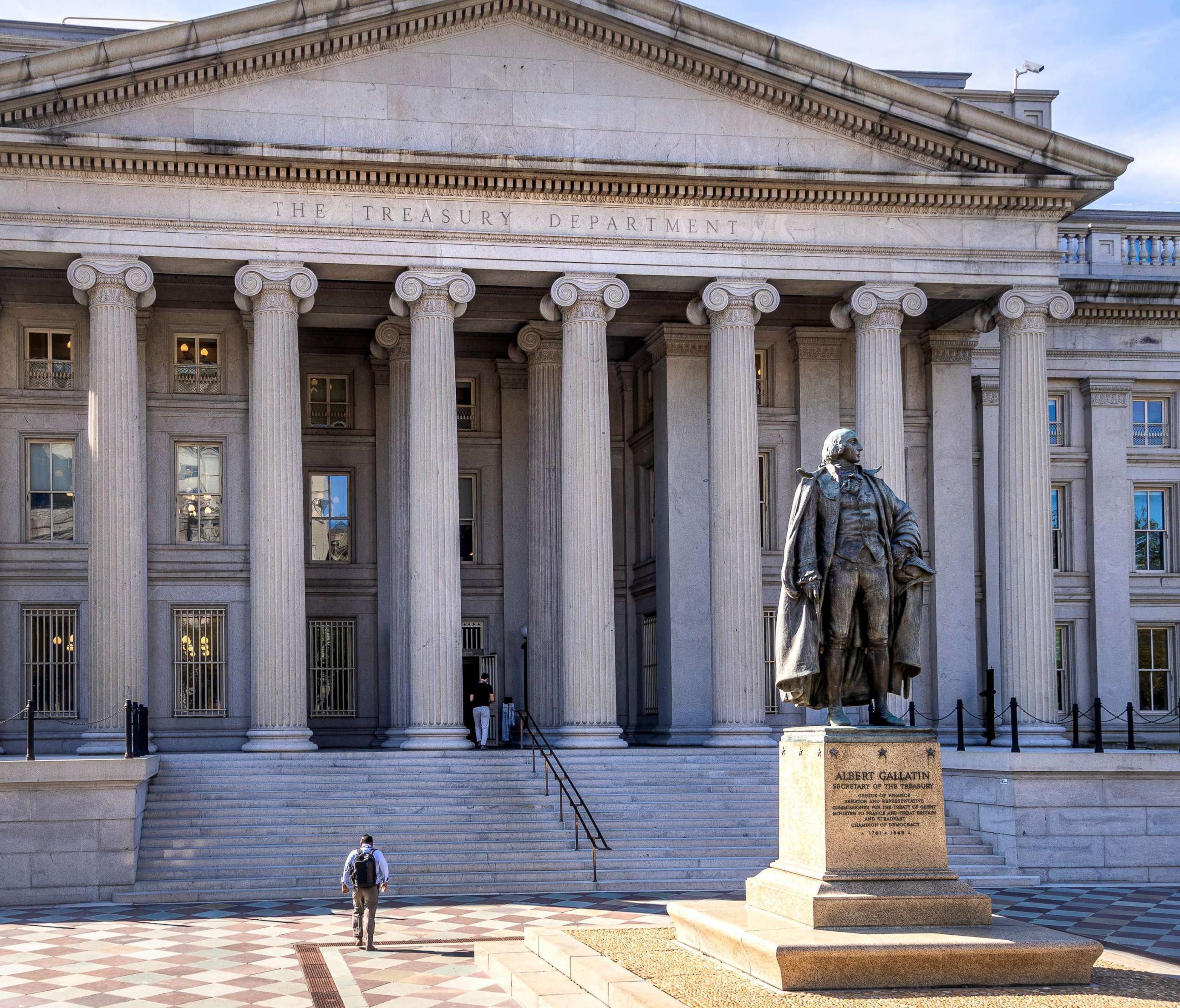 PHOTO: A statue of Albert Gallatin stands in front of the U.S. Treasury Department building in Washington, Sept. 29. 2019.