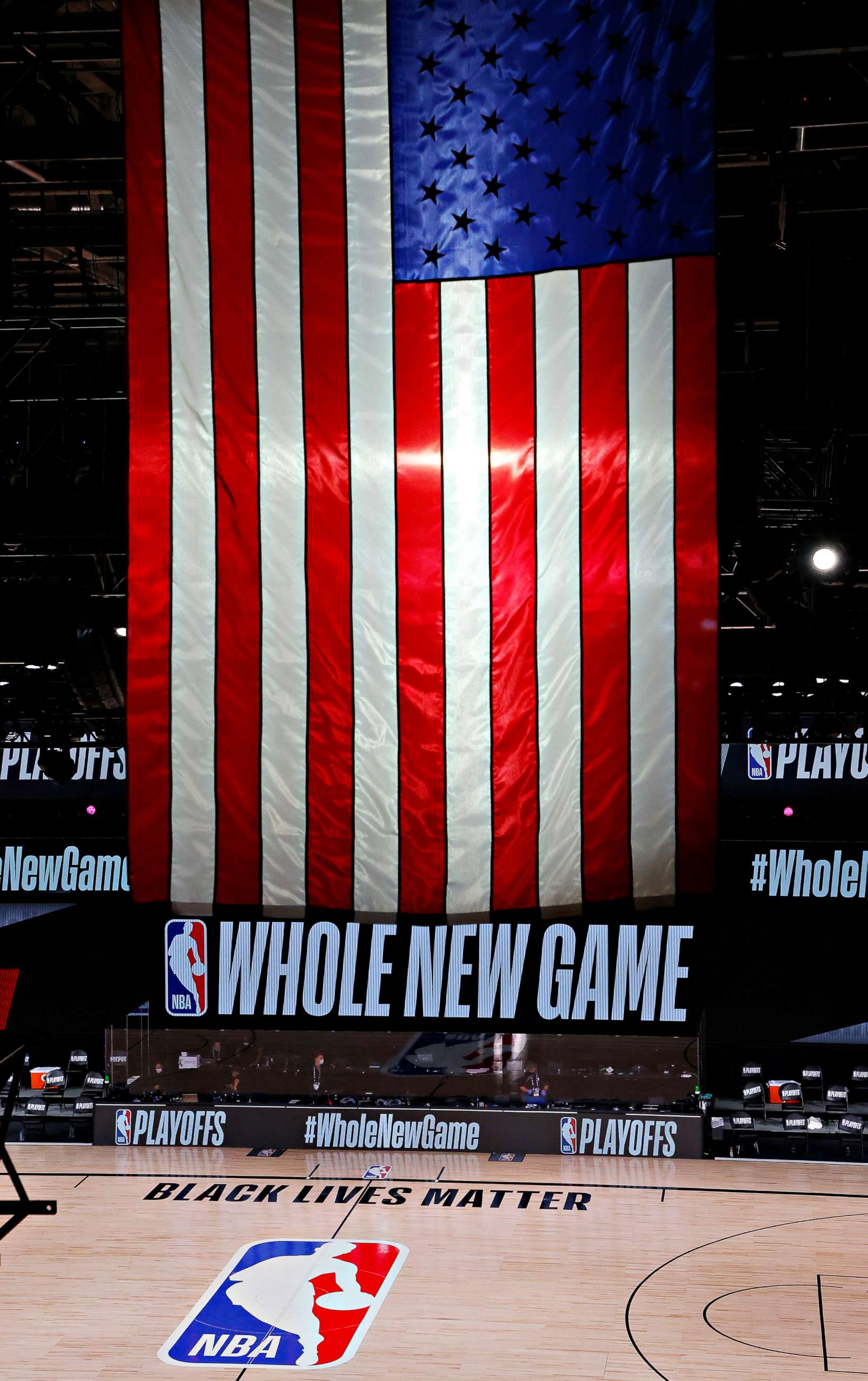 PHOTO: An empty court is seen following the scheduled start time in Game Five between the Milwaukee Bucks and the Orlando Magic during the NBA Playoffs at AdventHealth Arena at ESPN Wide World Of Sports Complex on Aug. 26, 2020, in Lake Buena Vista, Fla.
