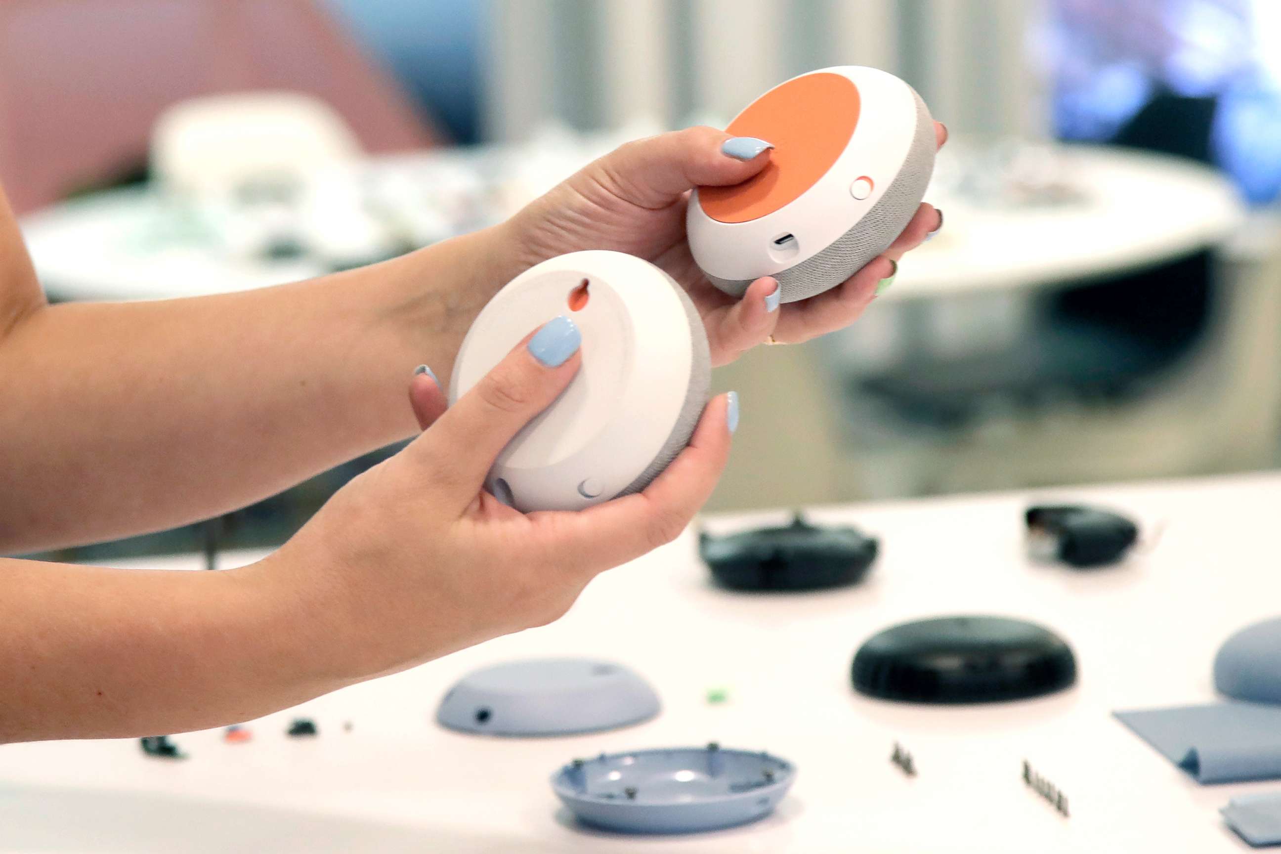 PHOTO: Isabelle Olsson, head of color & design for Nest, holds Nest minis at Google in Mountain View, Calif., Sept. 24, 2019. 