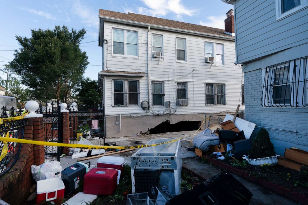 PHOTO: Damage to the side of a building from the remnants of Hurricane Ida is shown on Thursday, Sept. 2, 2021 in the Queens borough of New York.