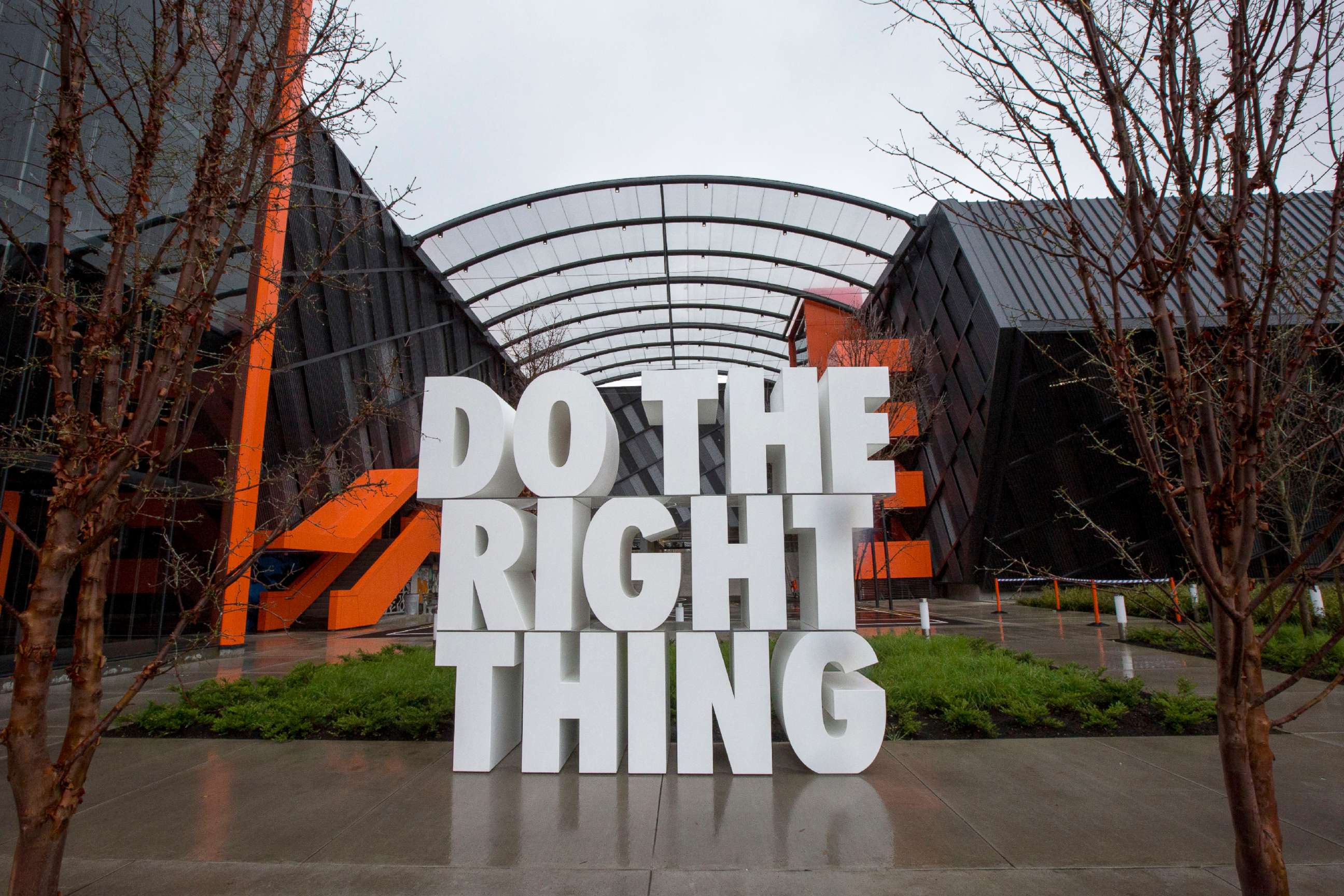 PHOTO: A sculpture reads "Do the right thing," stands at the Nike headquarters in Beaverton, Ore., March 22, 2018.