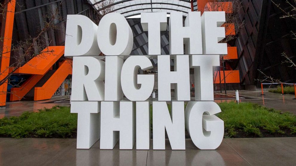 PHOTO: A sculpture reads "Do the right thing," stands at the Nike headquarters in Beaverton, Ore., March 22, 2018.