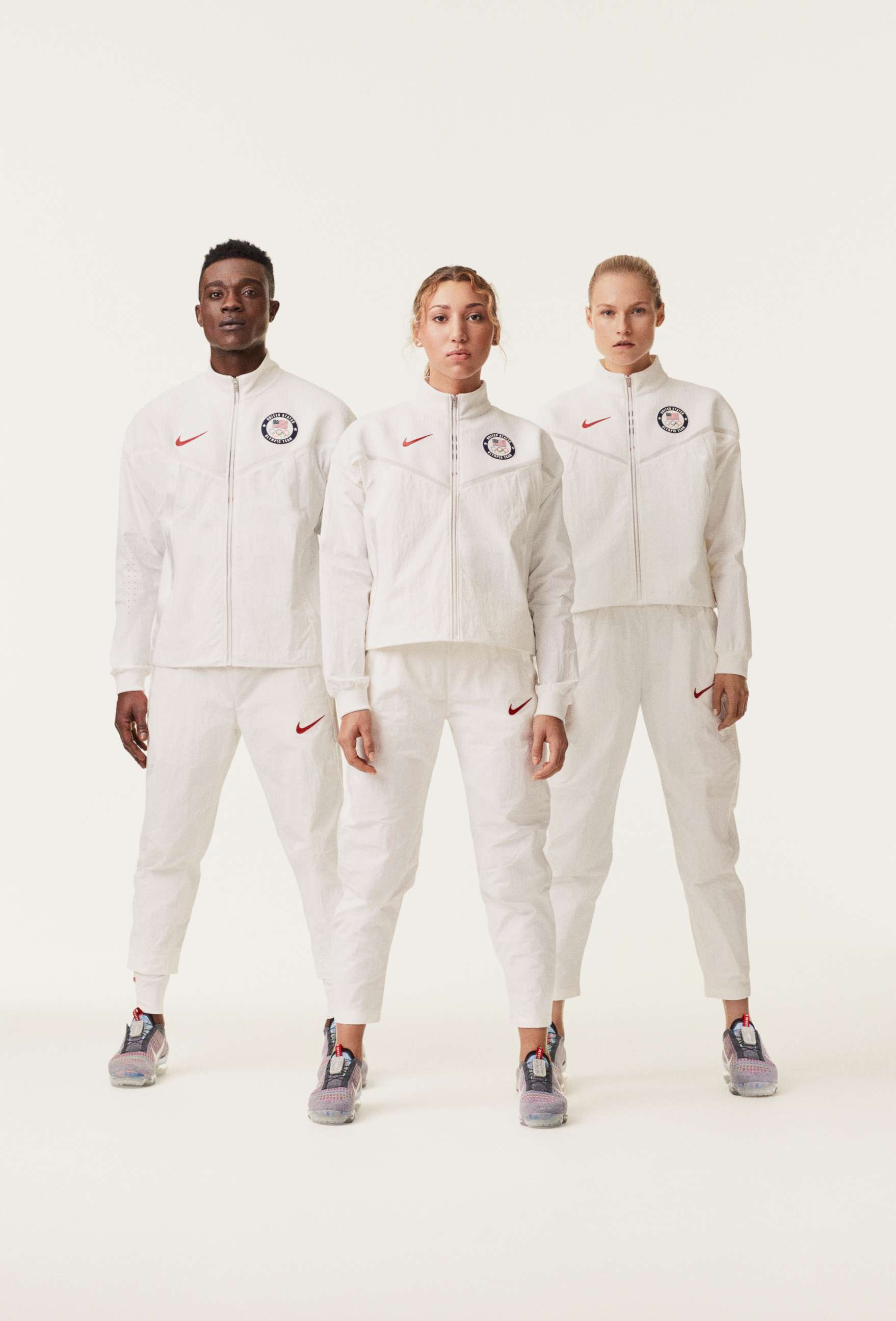 PHOTO: The Nike design team focused on how to use almost entirely recycled fabric for the clothing for the 2020 American Olympic team. The Windrunner jacket is made with 100% recycled polyester and the pants from 100% recycled nylon.