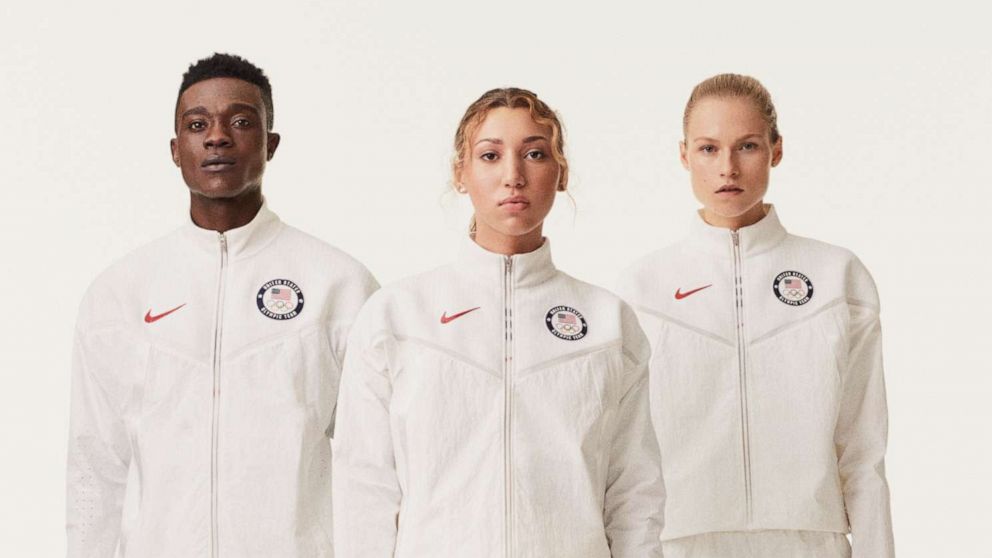 PHOTO: The Nike design team focused on how to use almost entirely recycled fabric for the clothing for the 2020 American Olympic team. The Windrunner jacket is made with 100% recycled polyester and the pants from 100% recycled nylon.