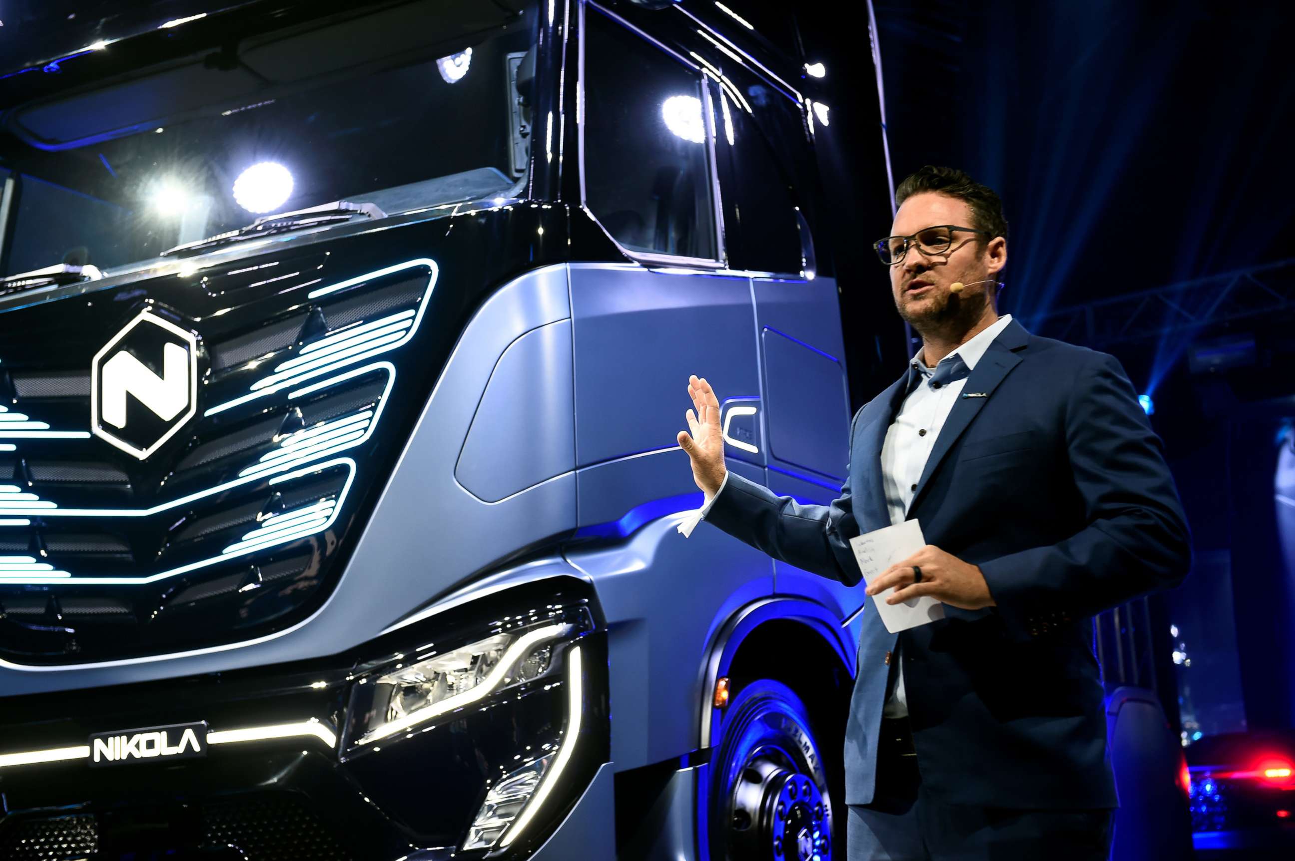 PHOTO: CEO and founder of Nikola Corp. Trevor Milton speaks during a presentation of its new full-electric and hydrogen fuel-cell battery trucks in partnership with CNH Industrial, at an event in Turin, Italy, Dec. 2, 2019.