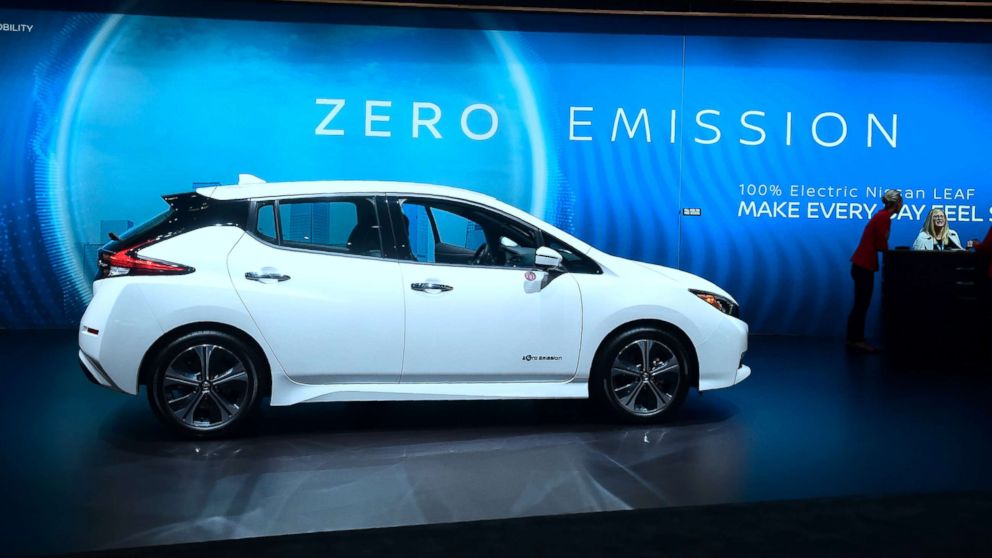  The 2019 Nissan Leaf sits on display at an auto show in Los Angeles, Nov. 29, 2018.
					