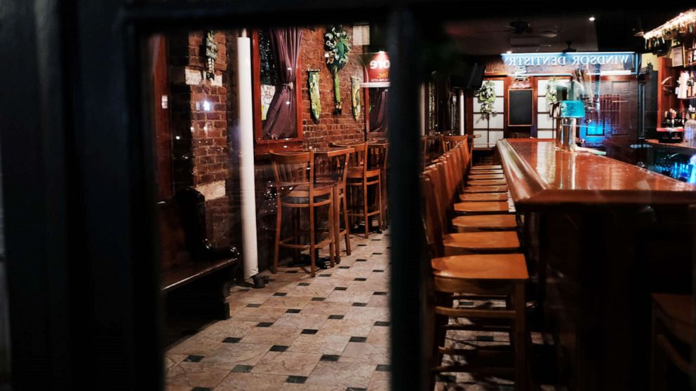 PHOTO: A bar sits closed in the early evening in the Brooklyn borough of New York City, March 16, 2020, during the coronavirus outbreak.