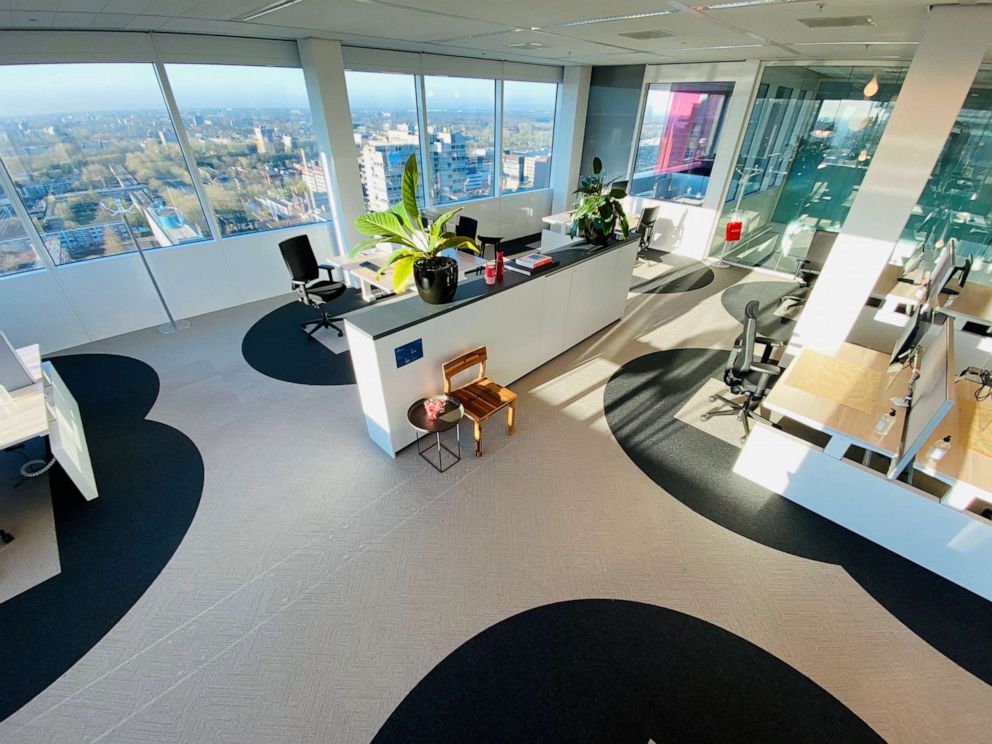 PHOTO:  A prototype office with a design concept using the "six feet rule" of coronavirus disease social distancing to keep areas around desks empty is seen in Amsterdam in a picture obtained by Reuters, May 6, 2020.
