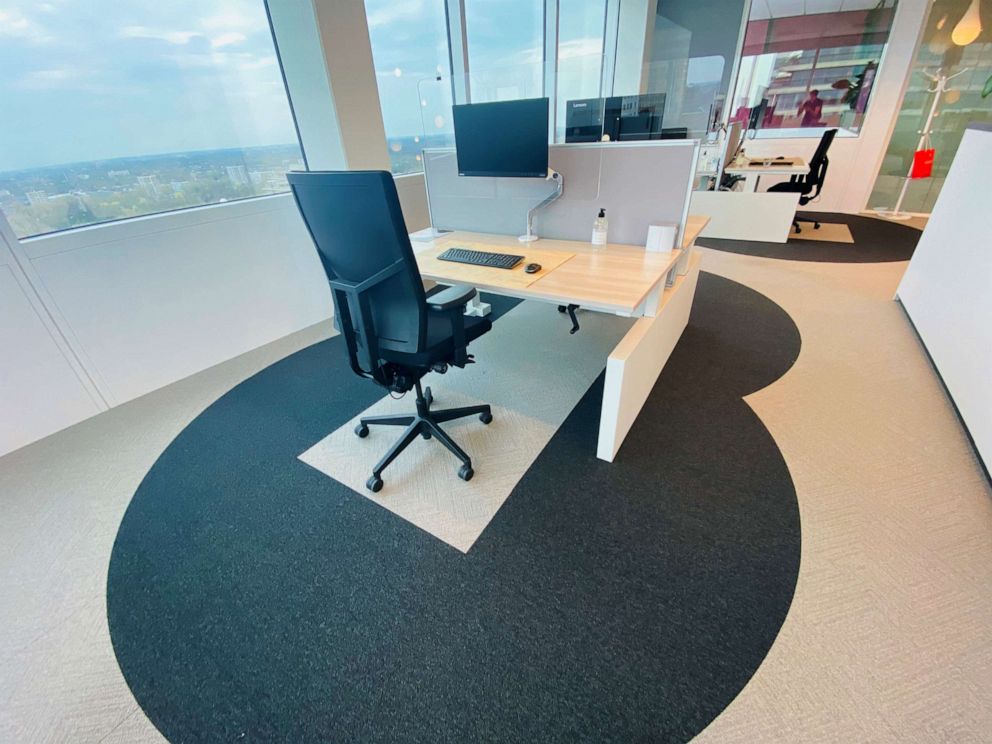 PHOTO: A prototype office with a workplace design concept using the "six feet rule" of coronavirus disease social distancing to keep areas around desks empty is seen in Amsterdam, in a picture obtained by Reuters, May 6, 2020.