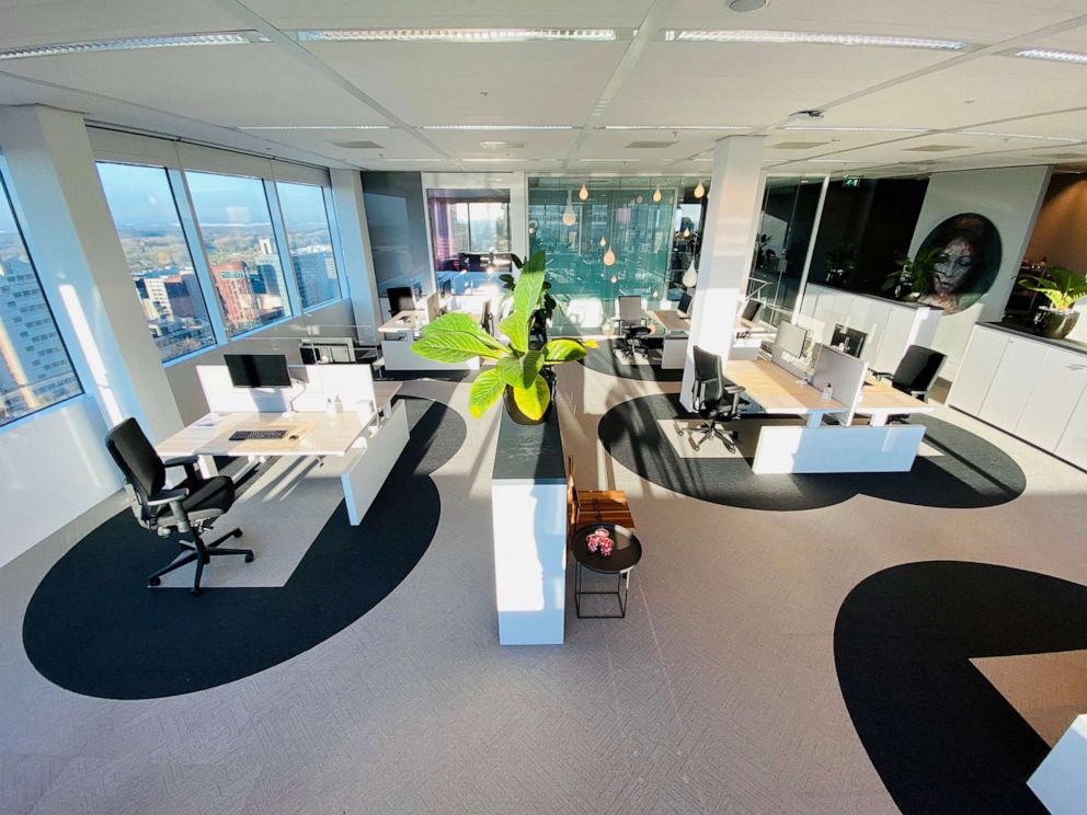 PHOTO: A prototype office with a workplace design concept using the six-feet rule of social distancing during the coronavirus pandemic by of international real estate company Cushman & Wakefield is displayed in Amsterdam.