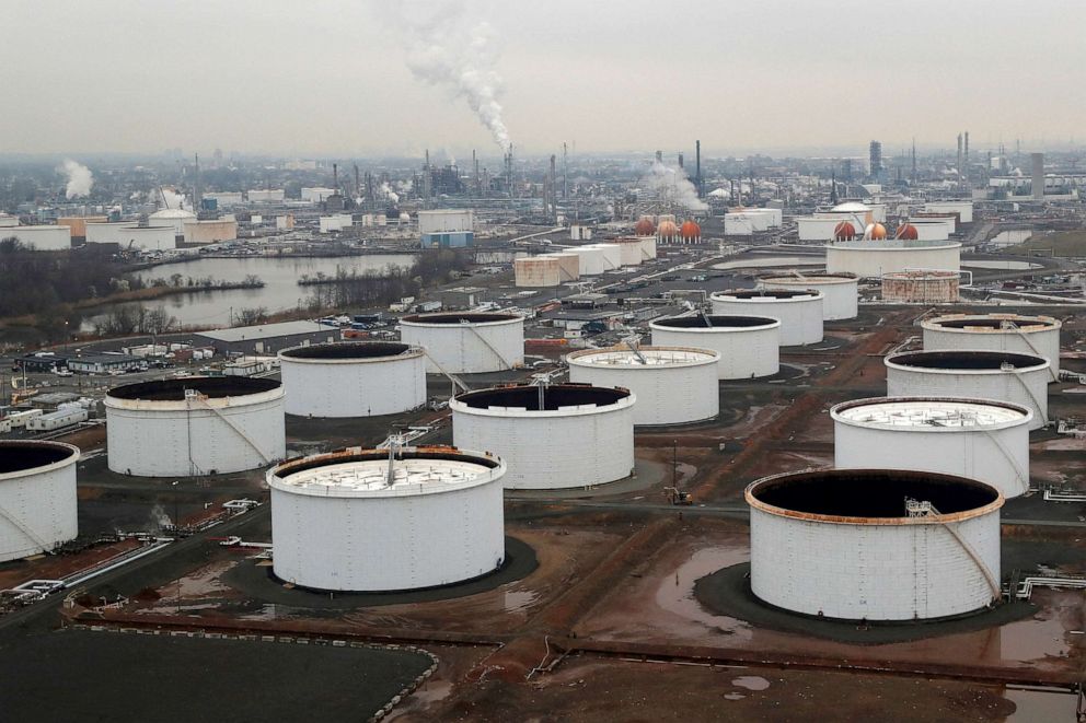 PHOTO: General view of oil tanks and the Bayway Refinery of Phillips 66 in Linden, New Jersey, March 30, 2020.