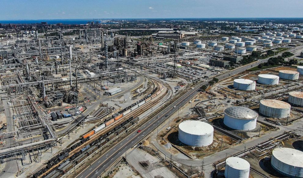 PHOTO: An aerial view taken with a drone shows the BP oil refinery and oil storage tanks in Whiting, Indiana, August 29, 2019.